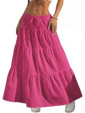 Women's Boho Flowy Pink Maxi Skirt Flared Ruffle A Line Spring Long Skirts